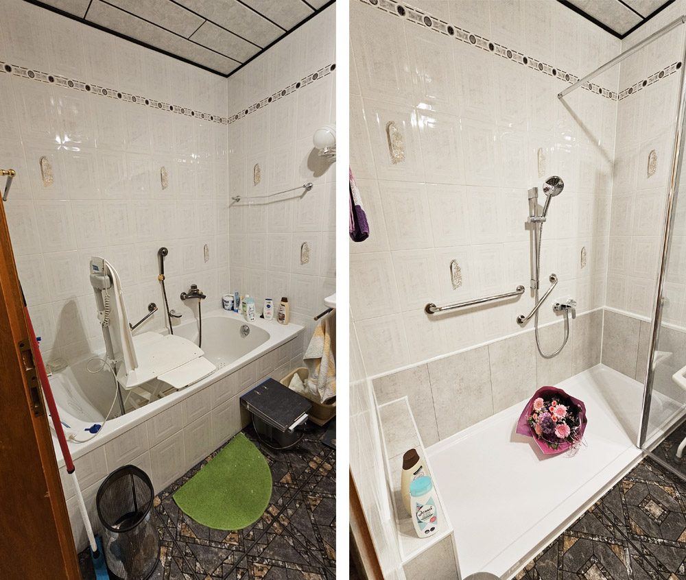 Badumbau: mit Wanne vorher – begehbare Dusche nachher